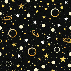 Naklejka premium Cosmic Space Pattern With Gold Stars And Planets On Black
