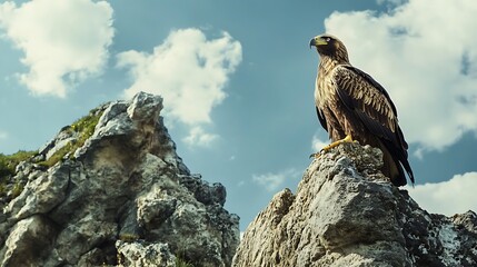 Majestic golden eagle perched atop a rocky peak, gazing into the distance under a blue sky with scattered clouds, embodying freedom and power