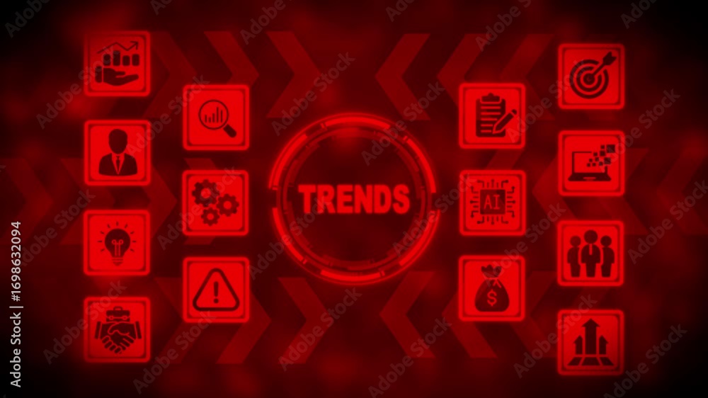 Poster red trends icons arranged around central text with digital background abstract