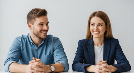 Interview panel of young professionals smiling in modern office setting. Interview panel includes smiling man and woman in business attire, looking ahead confidently, with hands clasped.