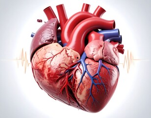 3D anatomical illustration of a human heart, showing chambers and major vessels.  Cardiovascular system, highlighted with pulse wave