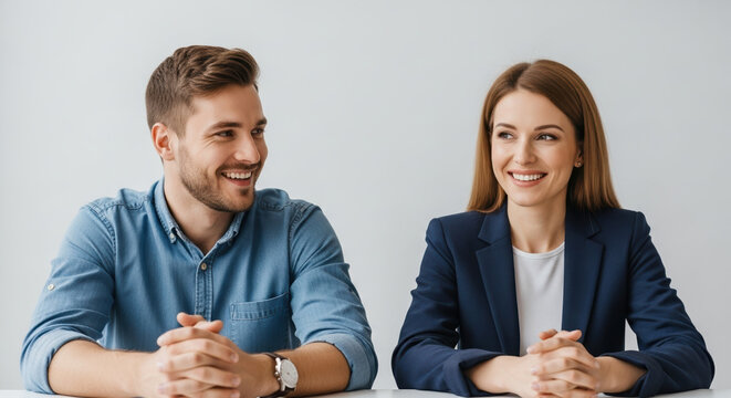 Interview panel of young professionals smiling in modern office setting. Interview panel includes smiling man and woman in business attire, looking ahead confidently, with hands clasped. - Powered by Adobe
