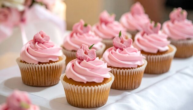 Pink cupcakes arranged on a tray - Powered by Adobe