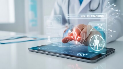 Doctor uses health tracking app on tablet for innovative patient care and modern medical solutions now