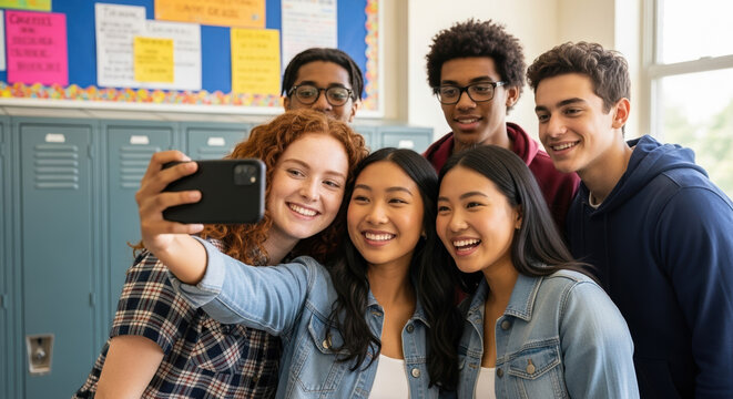 Group of students taking selfie at school, capturing memories together. School selfie shows diverse young people, bonding through shared experiences and technology in high school.