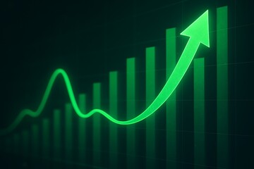 Green arrow pointing upward on financial graph. Business growth chart with rising trend line. Digital stock market data visualization for investment analysis..