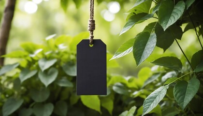 Blank black tag hanging on a jute string among green leaves.