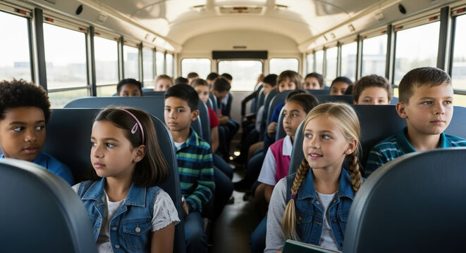 Children on school bus ride shows diverse students riding bus to school. Kids on bus are excited for their ride, showcasing childhood memories and camaraderie, enjoying kids on school bus during trip.