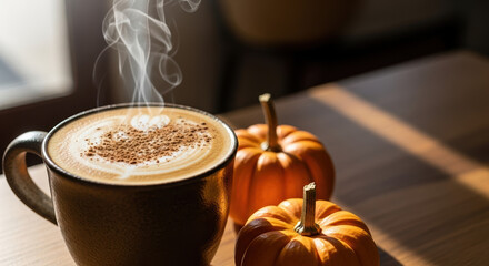 Pumpkin spice latte presented with miniature pumpkins and a steaming mug on wooden table. Pumpkin spice latte features cozy fall aesthetic near natural sunlight from window.