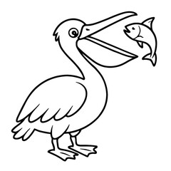 Fototapeta premium Pelican with fish coloring page, simple line art, black and white outline, cartoon style, for kids and adults, majestic bird catching fish, showing large beak and fish prey, an engaging marine wildlif