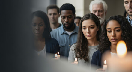 Mourning event with diverse people holding candles in memory of deceased, standing in silence during sad event. Mourning event showcases shared grief and quiet reflection,