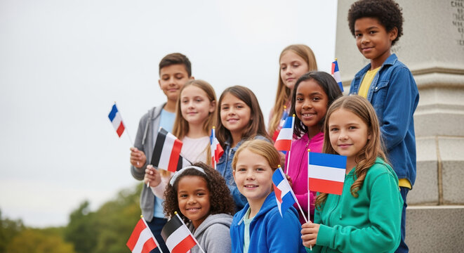 Diverse group of children holding French flag, celebrating Bastille Day. Cheerful kids waving small French flag in outdoor setting. Celebrate Bastille Day with these happy group of diverse students,
