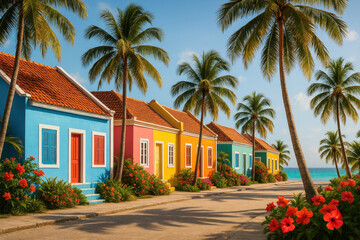 Vibrant Dominican street with colorful Caribbean houses, palm trees, and flowers under a bright blue sky. Ideal for travel, vacation, and tropical themes.