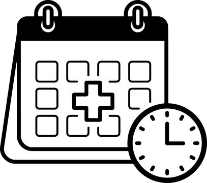 Medical appointment calendar icon with clock on white background