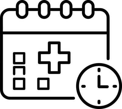 Medical appointment calendar icon in black outline on white background