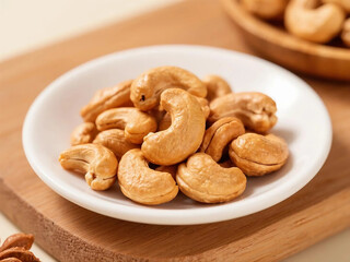 Fototapeta premium Close-up shot of roasted cashews served in a small white bowl, healthy snack