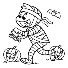 Goofy mummy with unraveling bandages chasing candy, smiling pumpkins around, Halloween coloring page vector