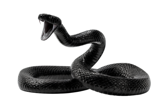 black snake with open mouth and full body  transparent background, png file with white borders around it