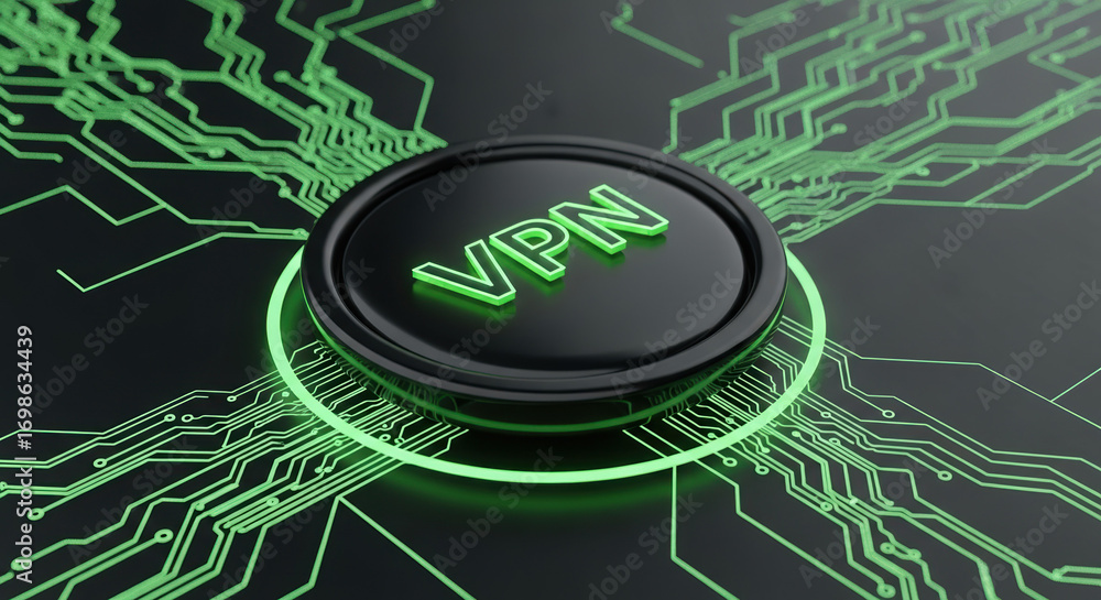 Poster vpn technology with electronic circuit board and black button labeled vpn. virtual private network s