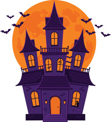 Purple haunted house with glowing orange windows, full moon background, flying bats, spooky Halloween decoration, eerie gothic mansion silhouette