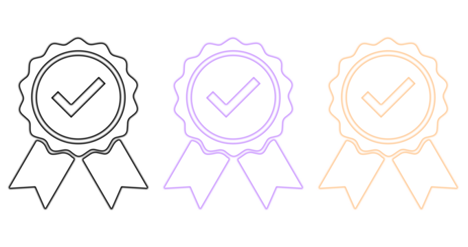 Three checkmark badge icons isolated on transparent background in different colors