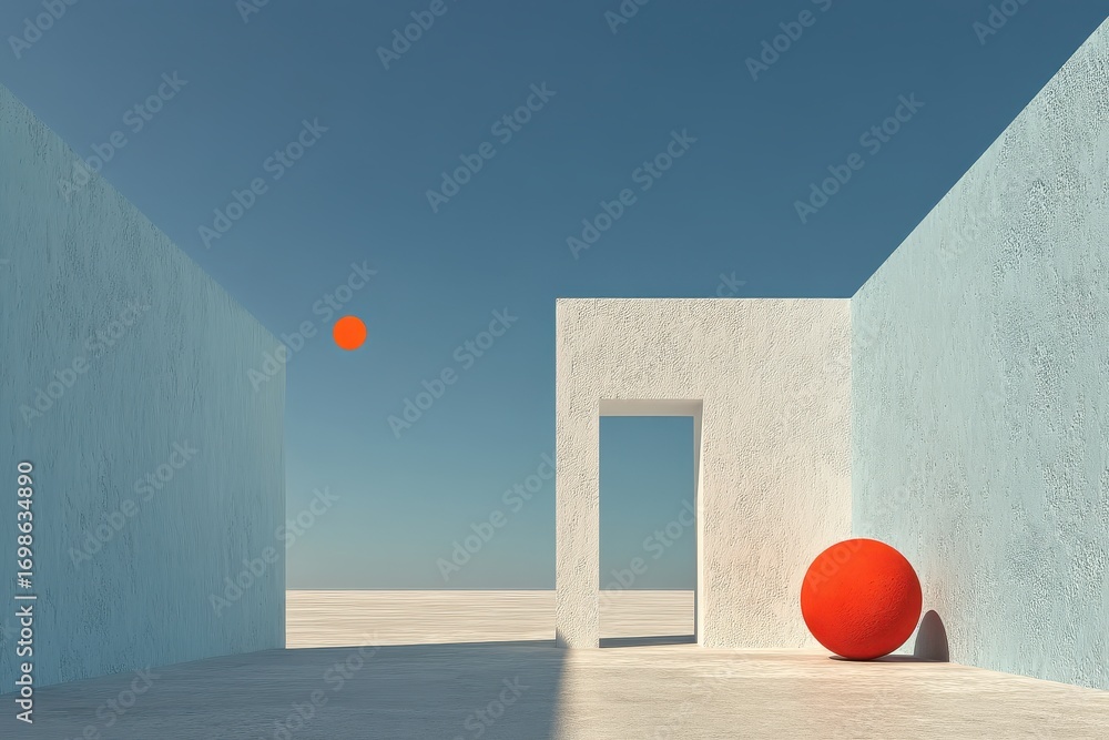 Poster minimalist architecture with red sphere and sky in background