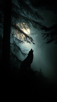 Mystical wolf silhouette howling under a luminous moon in a tranquil nocturnal forest scene