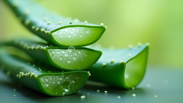 Health Theme, Aloe vera leaves with gel drops, natural healing skincare concept. selective focus