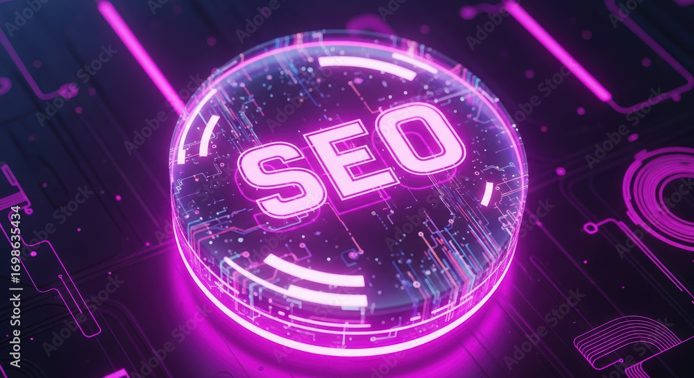 Aufkleber glowing seo on futuristic circuit board background for technology solutions, digital optimization an