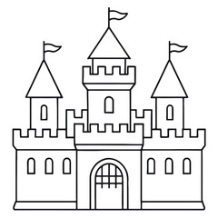 Fototapeta premium Outline illustration of a classic medieval castle with multiple towers, flags, battlements, and a main gate. Ideal for coloring pages, historical themes, fairy tales, children's books, education, and 