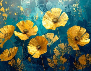 Gold poppies on teal abstract background