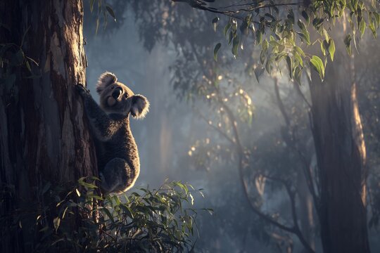 Koala Bear Ascending Tree Trunk Surrounded by Nature and Soft Sunlight in the Wilderness - Powered by Adobe