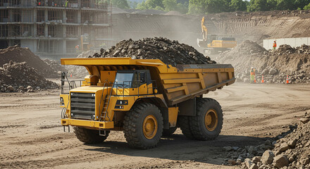 Large off-road dump truck fully loaded with dirt and rubble at a construction site.Concept of heavy machinery and earthmoving.
