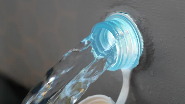 Water is leaking from the tank. Water drains from a frame pool. Draining water from outdoor open-air swimming pool