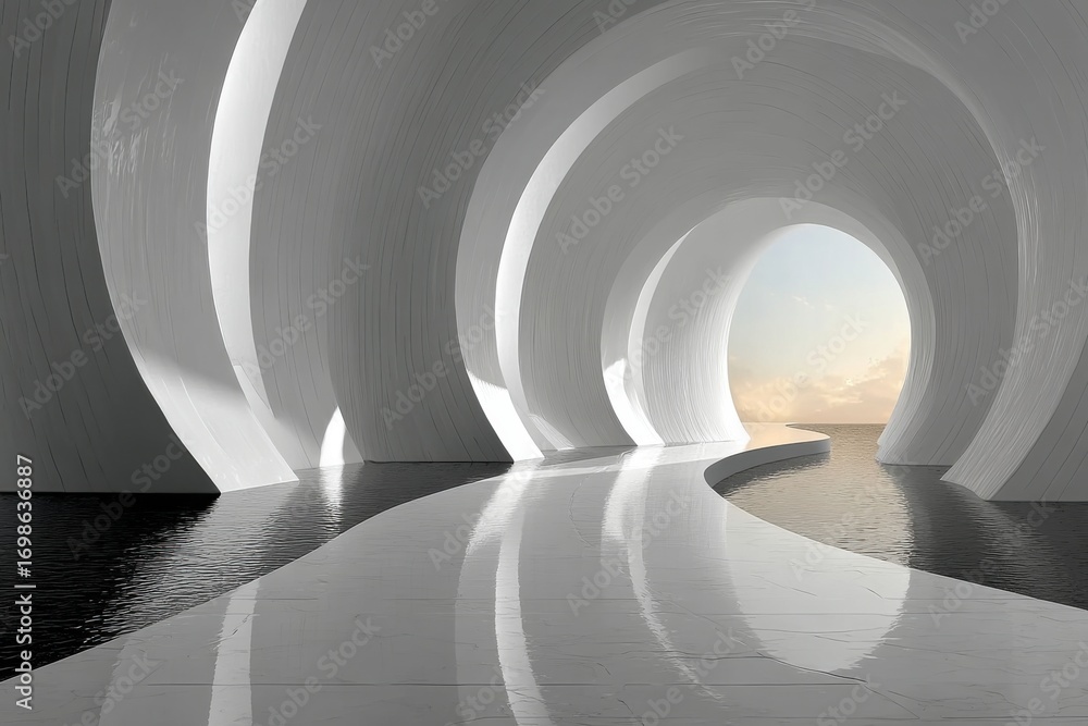 Poster minimalist architectural space with arched structures and reflective water elements