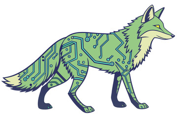 Fototapeta premium Green fox with circuit board pattern and yellow eyes