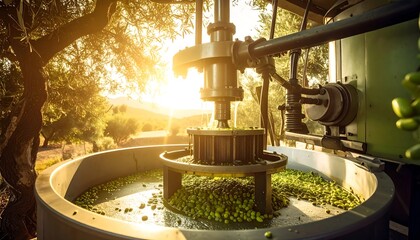 Olive oil extraction machine at sunset