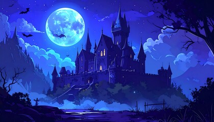 Dark, fairytale castle at night