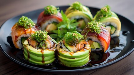 A delectable assortment of vibrant sushi rolls artfully arranged on a sleek black plate, showcasing a variety of fresh ingredients and exquisite culinary presentation.