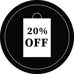 discount,label,sale flat black and white round sticker label illustration with 20 percent off text for shopping discount