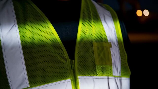 Closeup of a neon safety vest with reflective strips glowing under focused night work lights showcasing essential protective gear for afterdark operations.