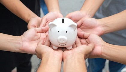 A group of diverse people coming together to hold a piggy bank, symbolizing shared savings, investment, and community funding