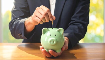 Businessman in a suit puts a coin into a green piggy bank, a concept for saving money, investment, and financial planning