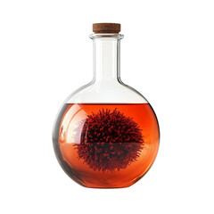 Virus cell inside laboratory flask with red liquid, conceptual biotechnology science illustration