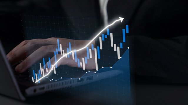 A business professional analyzes stock market data on a laptop, with a dynamic upward trending chart representing financial growth and successful investment strategies. Copula