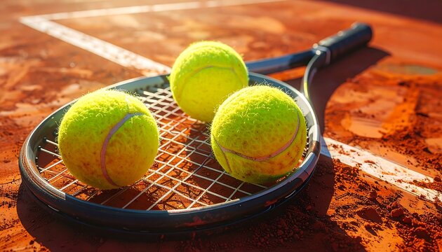Vibrant tennis balls and a racquet resting on a sunlit clay court, ready for a match or practice
