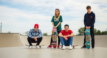 Diverse group of young friends enjoying a sunny day at the skatepark with skateboards ready for action representing youth culture and outdoor recreation. young generation z