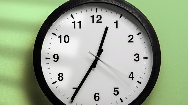 Timelapse video of a full 12-hour rotation of the hands of a classic black and white wall clock on  green wall.  A symbol of the transience of time and life.