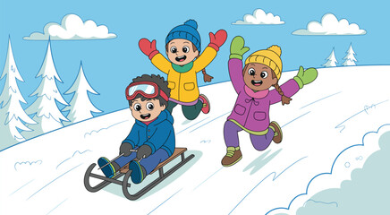 Cheerful Children Enjoying Snowy Sledding Adventure in Winter Scene. Kids Playing Outdoors on a Hill. Fun and Wholesome Illustration for Christmas, Winter Holiday, or Family Themes