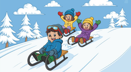 Cheerful Children Enjoying Snowy Sledding Adventure in Winter Scene. Kids Playing Outdoors on a Hill. Fun and Wholesome Illustration for Christmas, Winter Holiday, or Family Themes